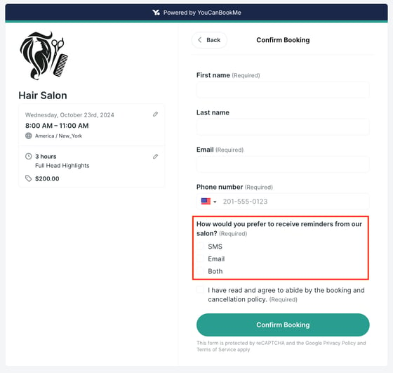 YouCanBookMe hair salon booking form example UPDATED