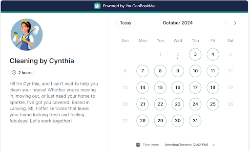 YouCanBookMe home cleaning business booking page