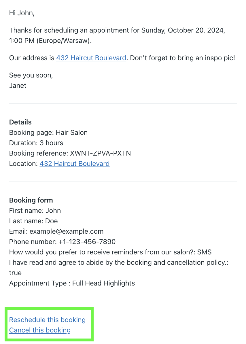 YouCanbookMe meeting confirmation email with rescheduling link and cancellation link