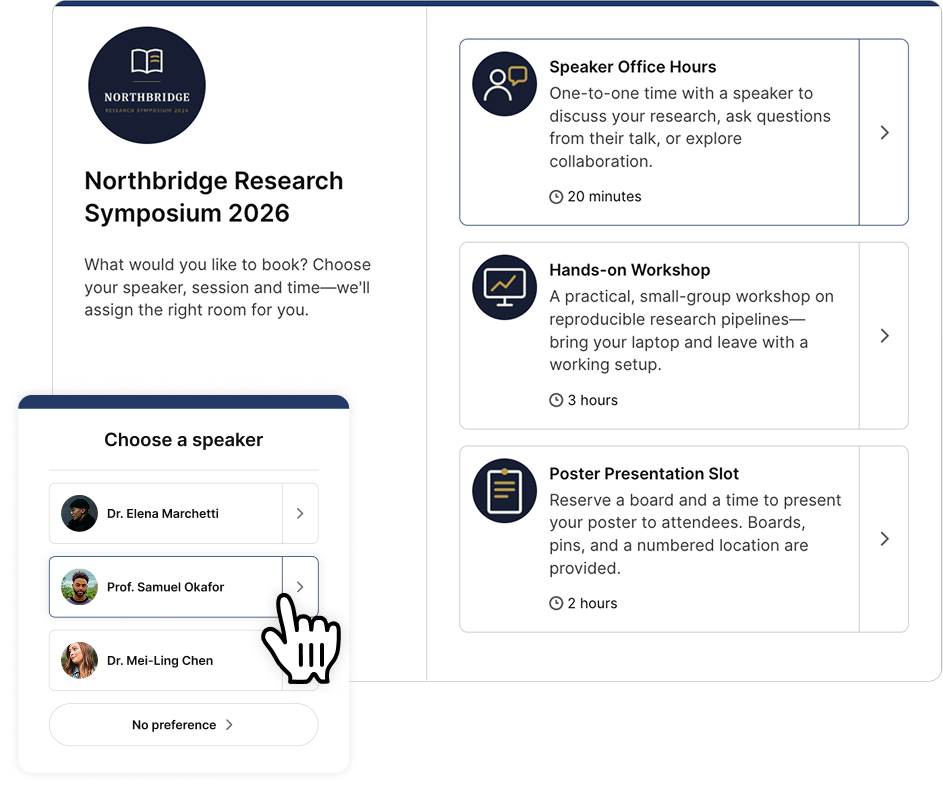 confernece scheduling - book with speakers or reps