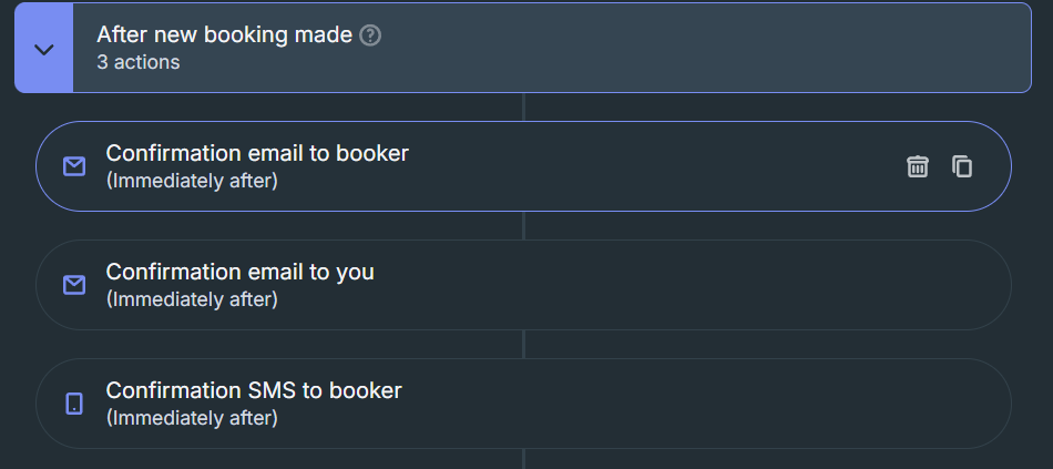 A settings screen in YouCanBookMe showing three actions: confirmation email to booker, confirmation email to you, and confirmation SMS to booker, all triggered after a new booking is made.