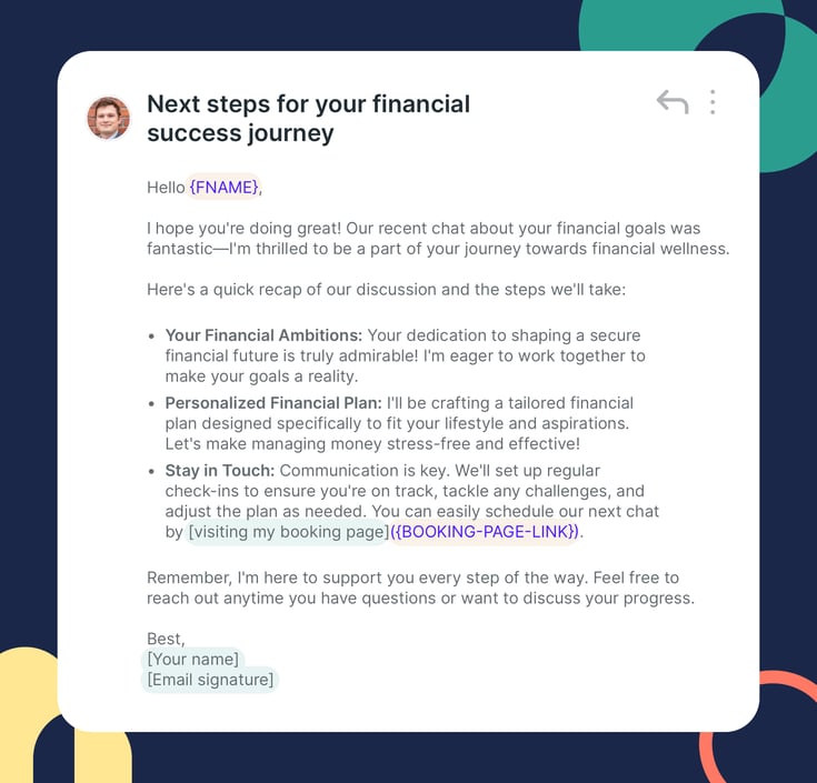 financial coach email follow up template