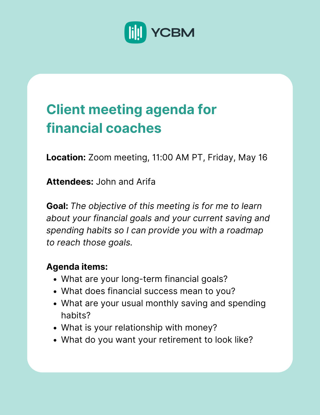 agenda template for financial coaches client meeting