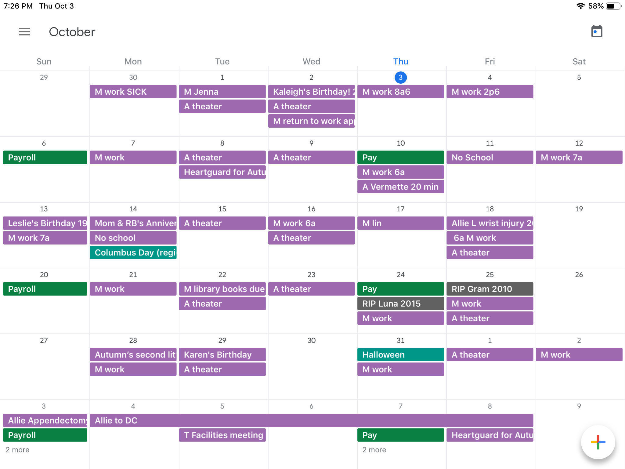 This is a monthly view of a digital calendar, likely Google Calendar, displaying various events and reminders for the month of October. Each event is color-coded.