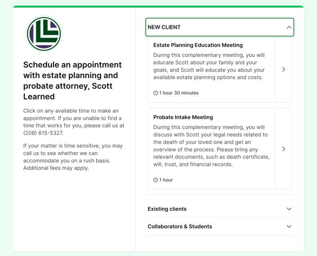 lawyer booking page example youcanbookme