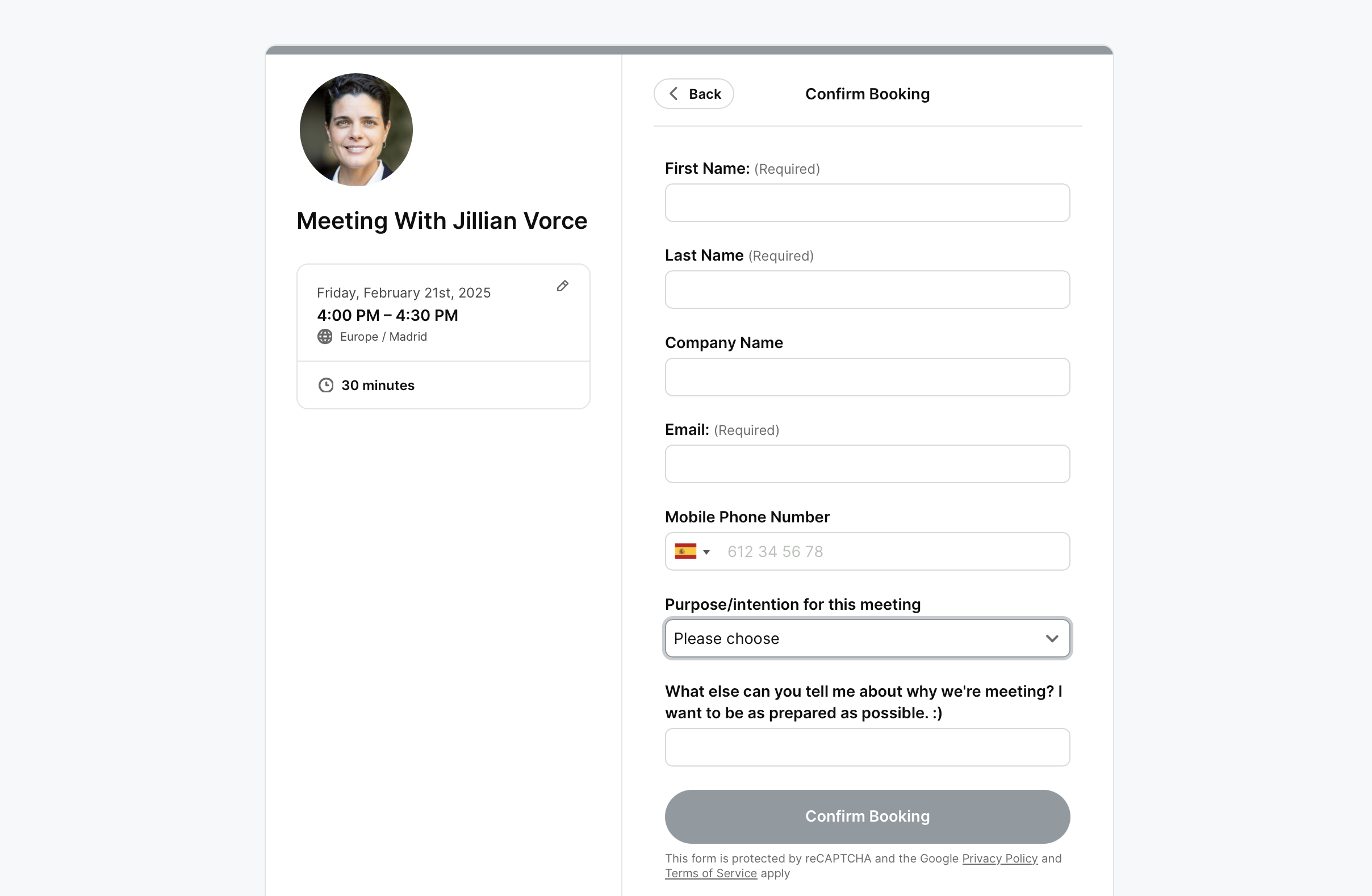 life coach booking form template