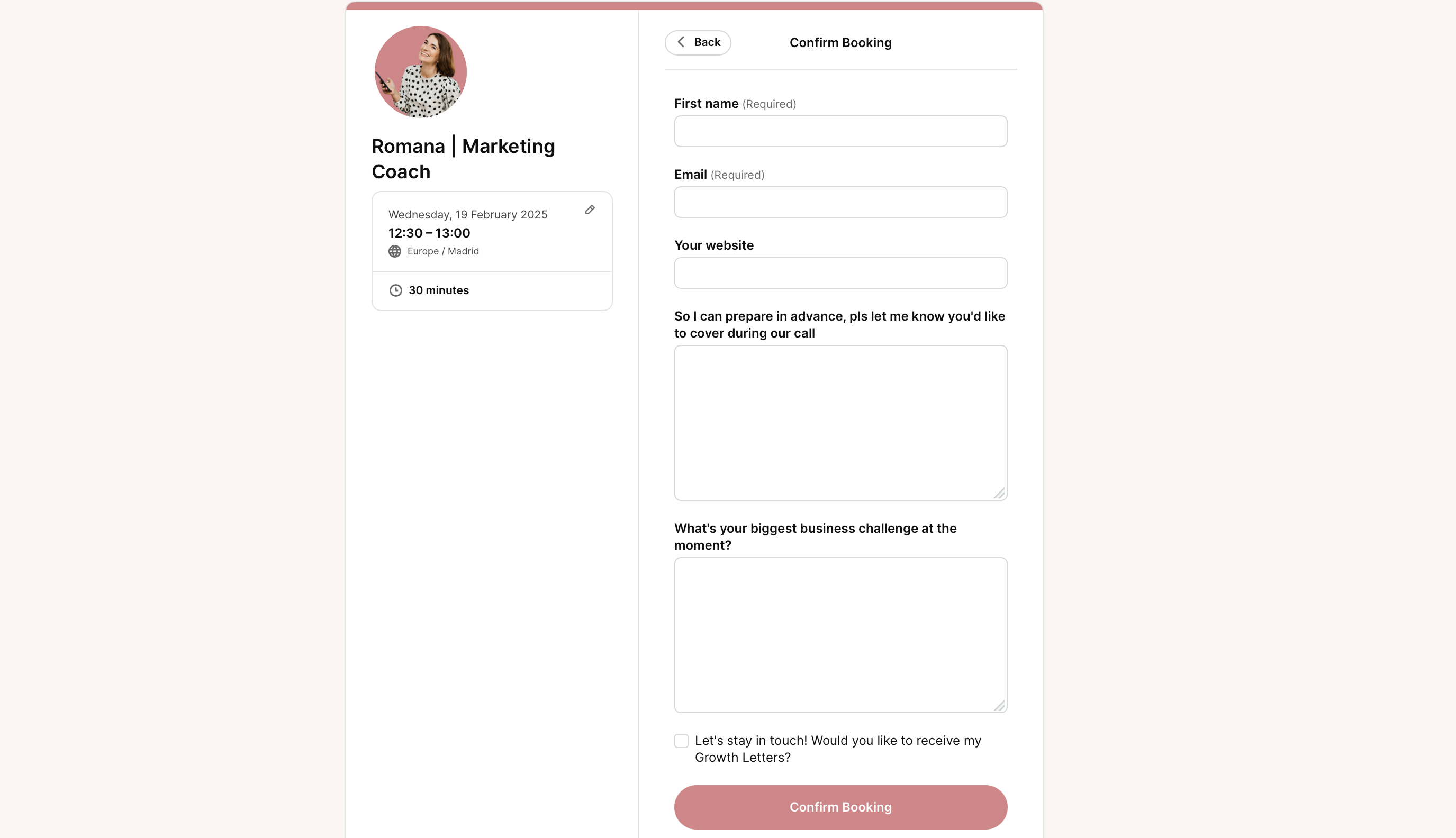 marketing coach booking form template