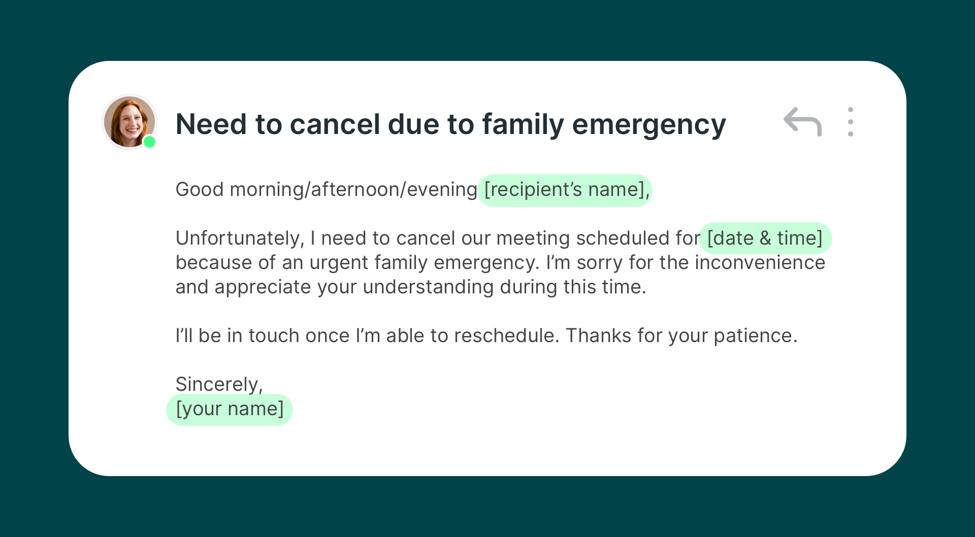 meeting cancellation email template due to family emergency