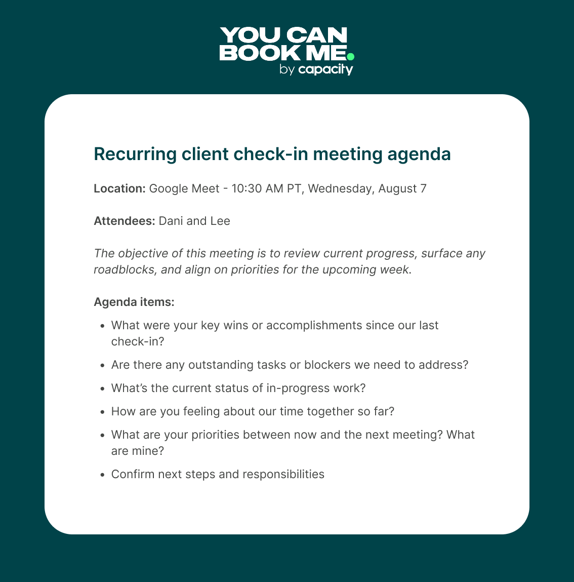 recurring client check-in meeting agenda template
