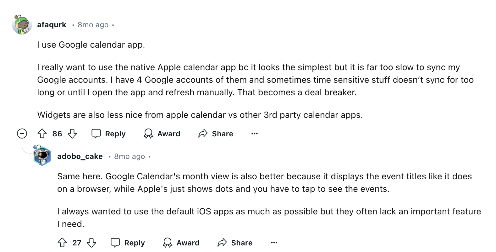 The first review, from user afaqukr, explains their preference for Google Calendar over Apple Calendar due to syncing issues with multiple Google accounts and frustrations with Apple's slow updates. They also mention that Apple Calendar widgets are less effective compared to third-party apps.