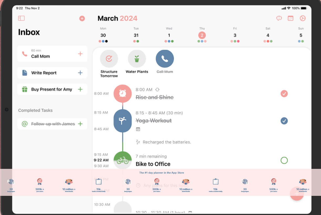 The Structured Daily Planner app interface for March 2024, showing tasks such as 