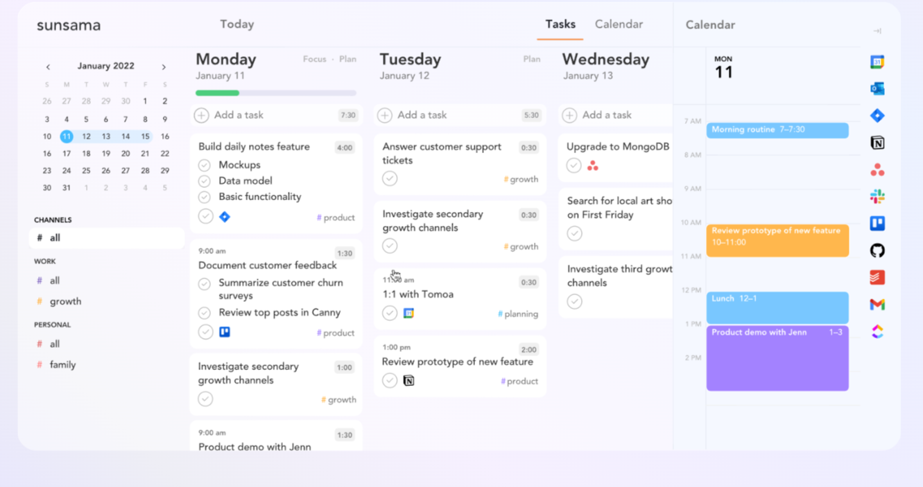 The Sunsama planning app interface,  showing tasks and a calendar view. The screen includes tasks organized by day, such as 