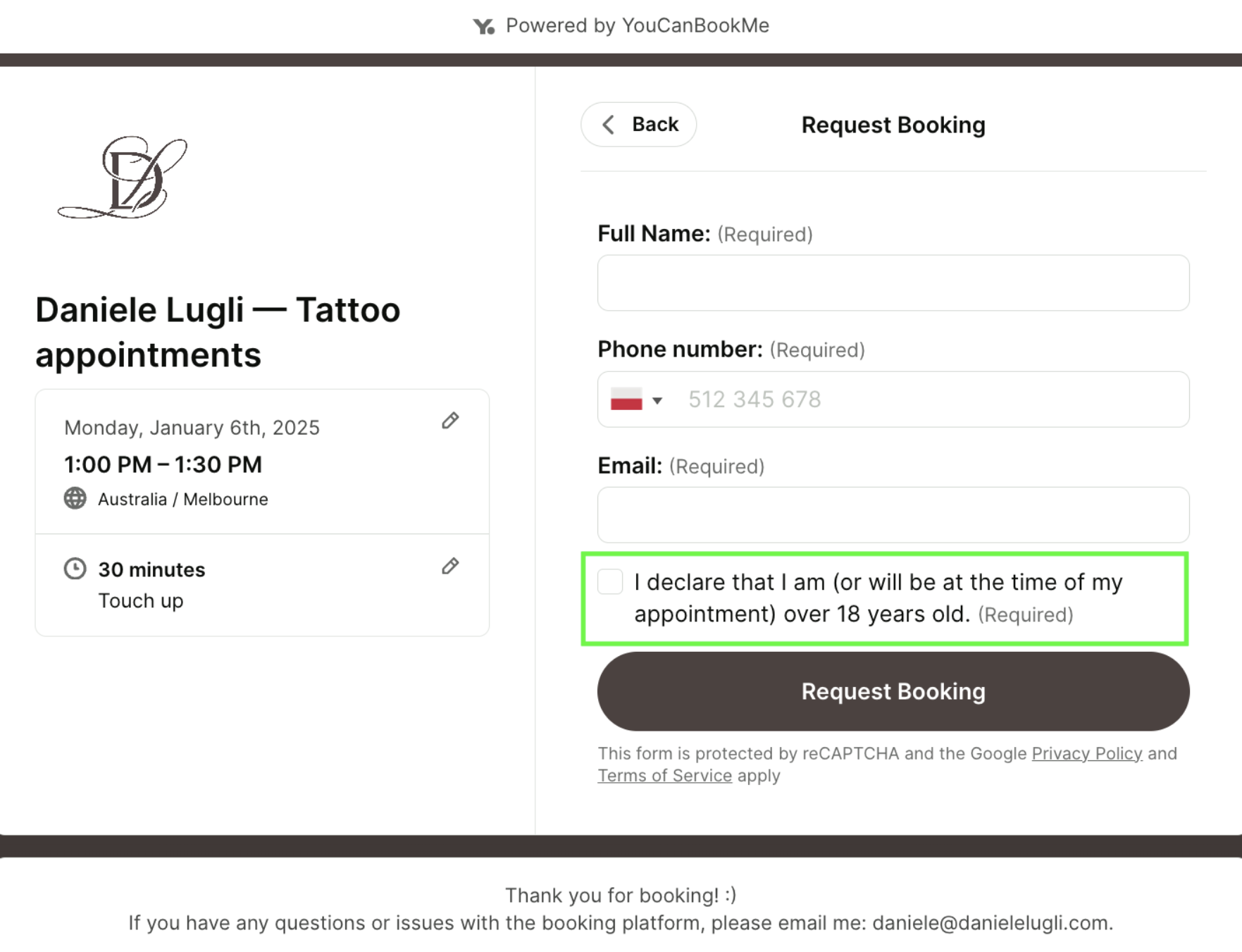 tattoo artist booking form template