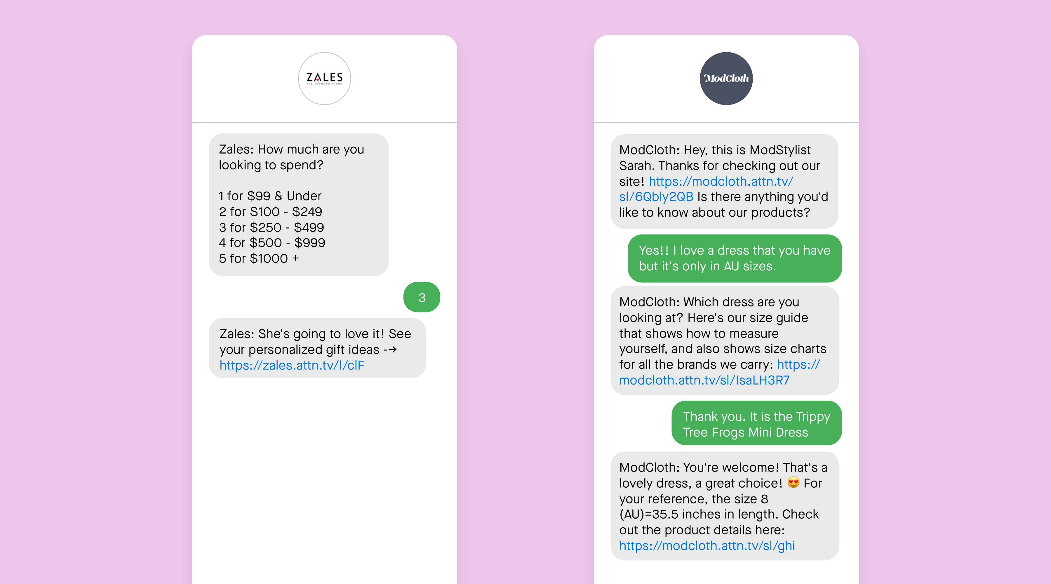 Two-way text messaging examples from two businesses