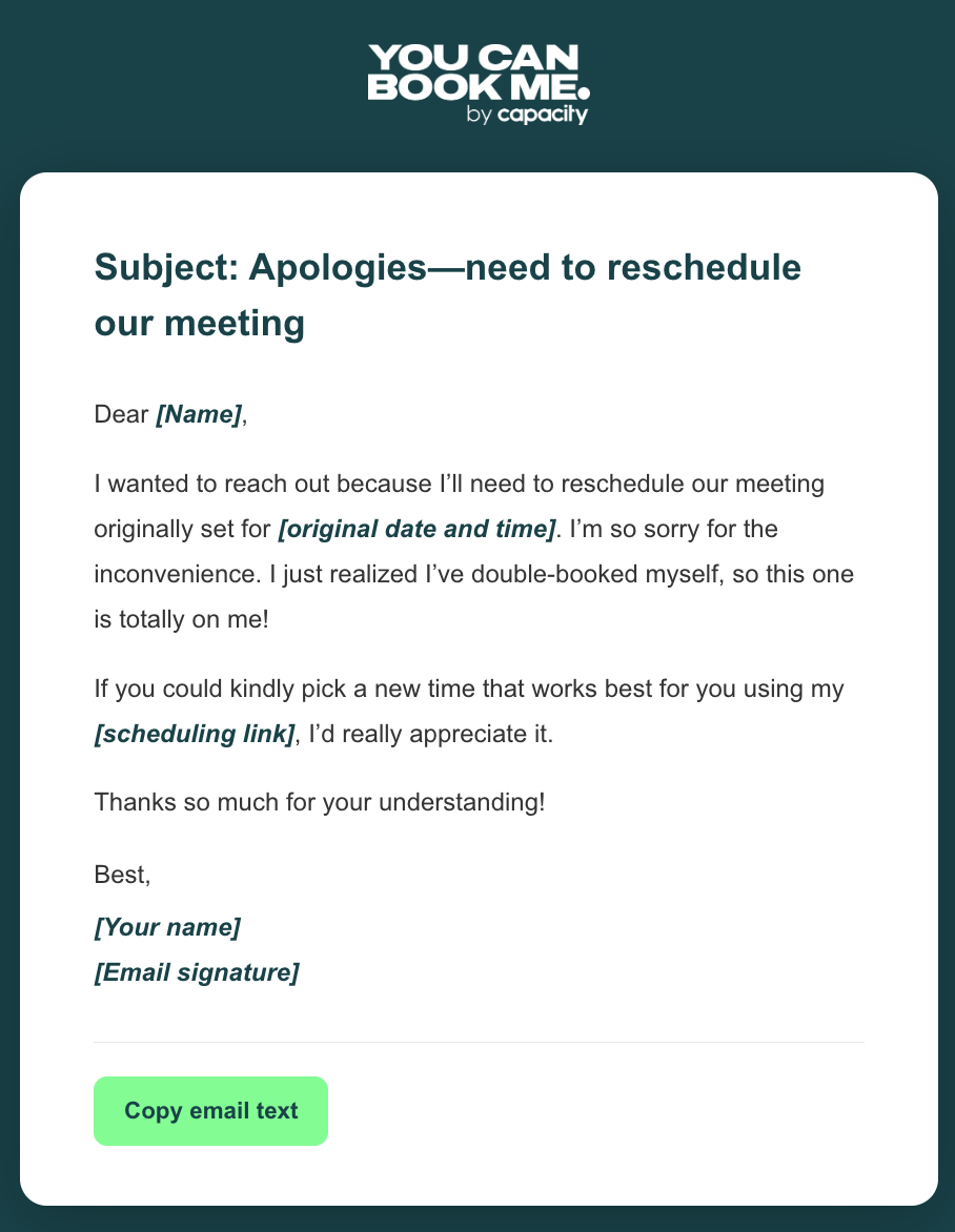Double-booked or scheduling conflict email template