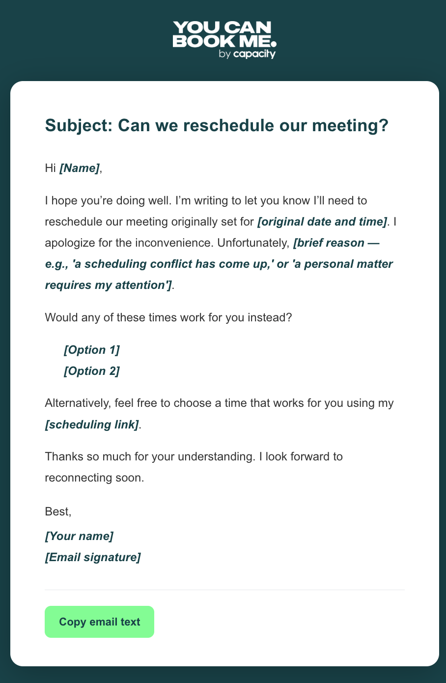 General reschedule meeting email template