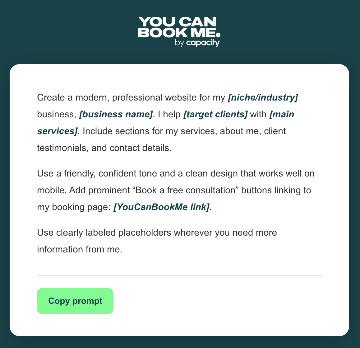 ChatGPT prompt for building a business website that takes bookings