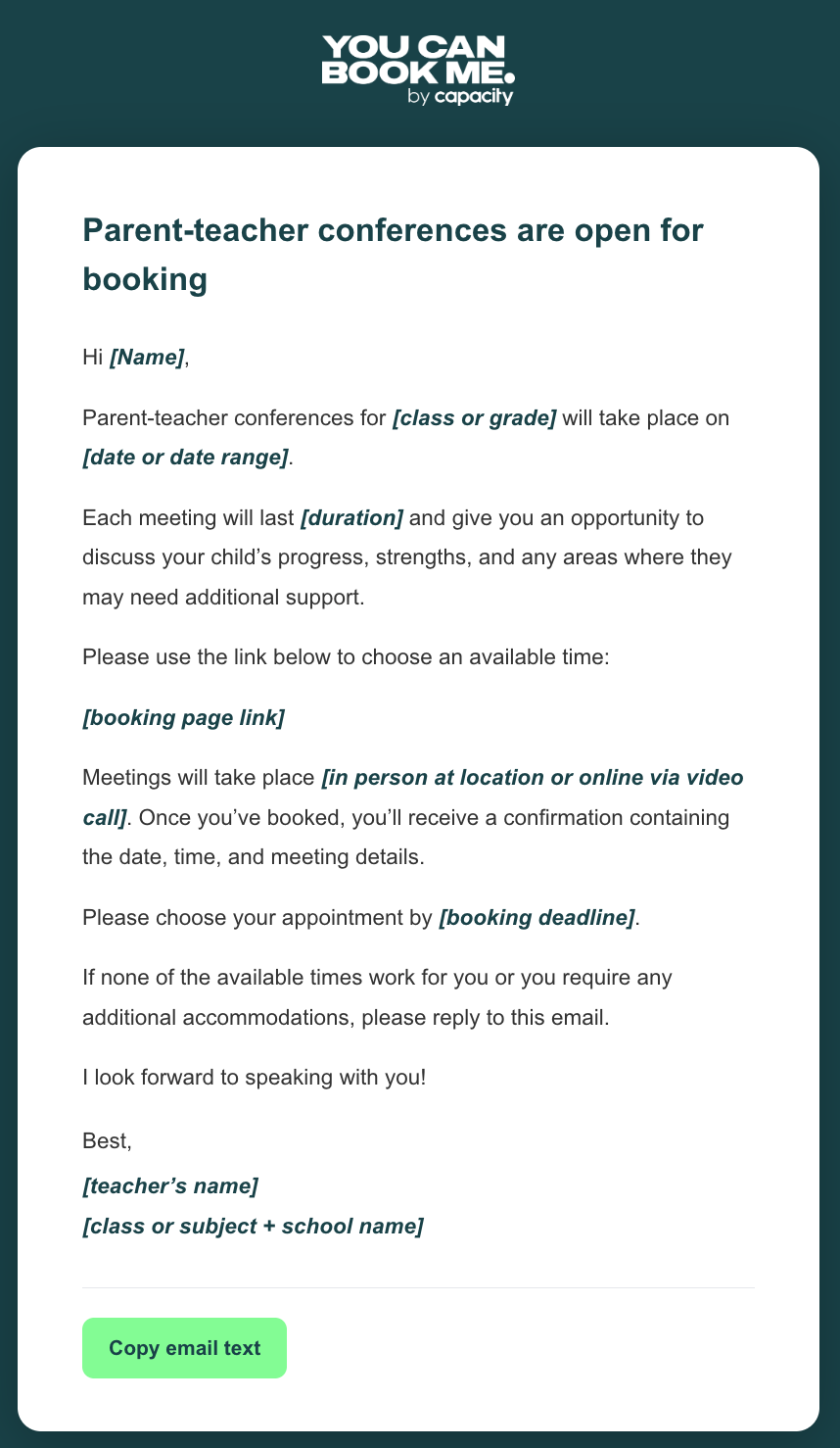 Education email template - parent-teacher conference invitation