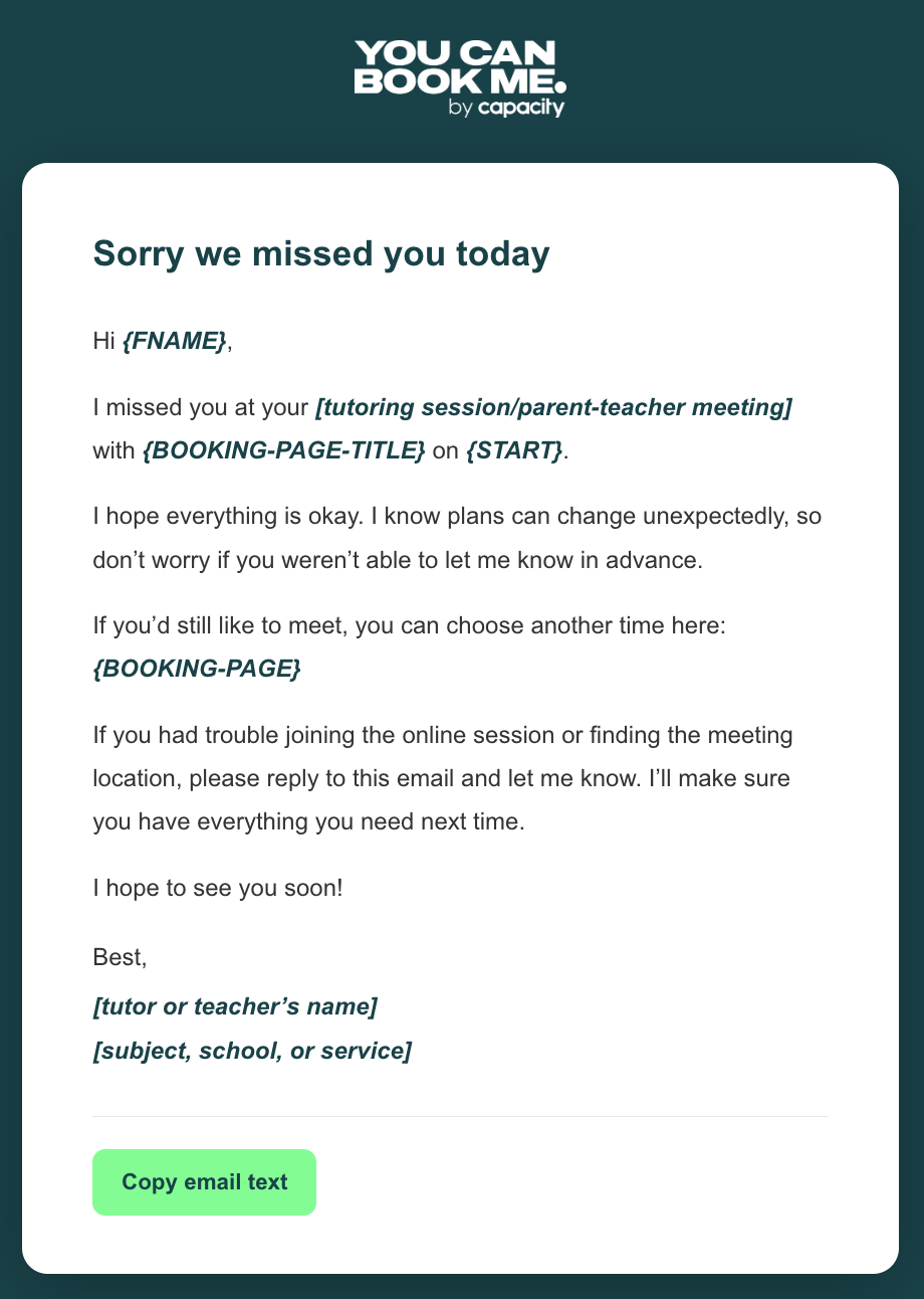 Educational email template - no-show message