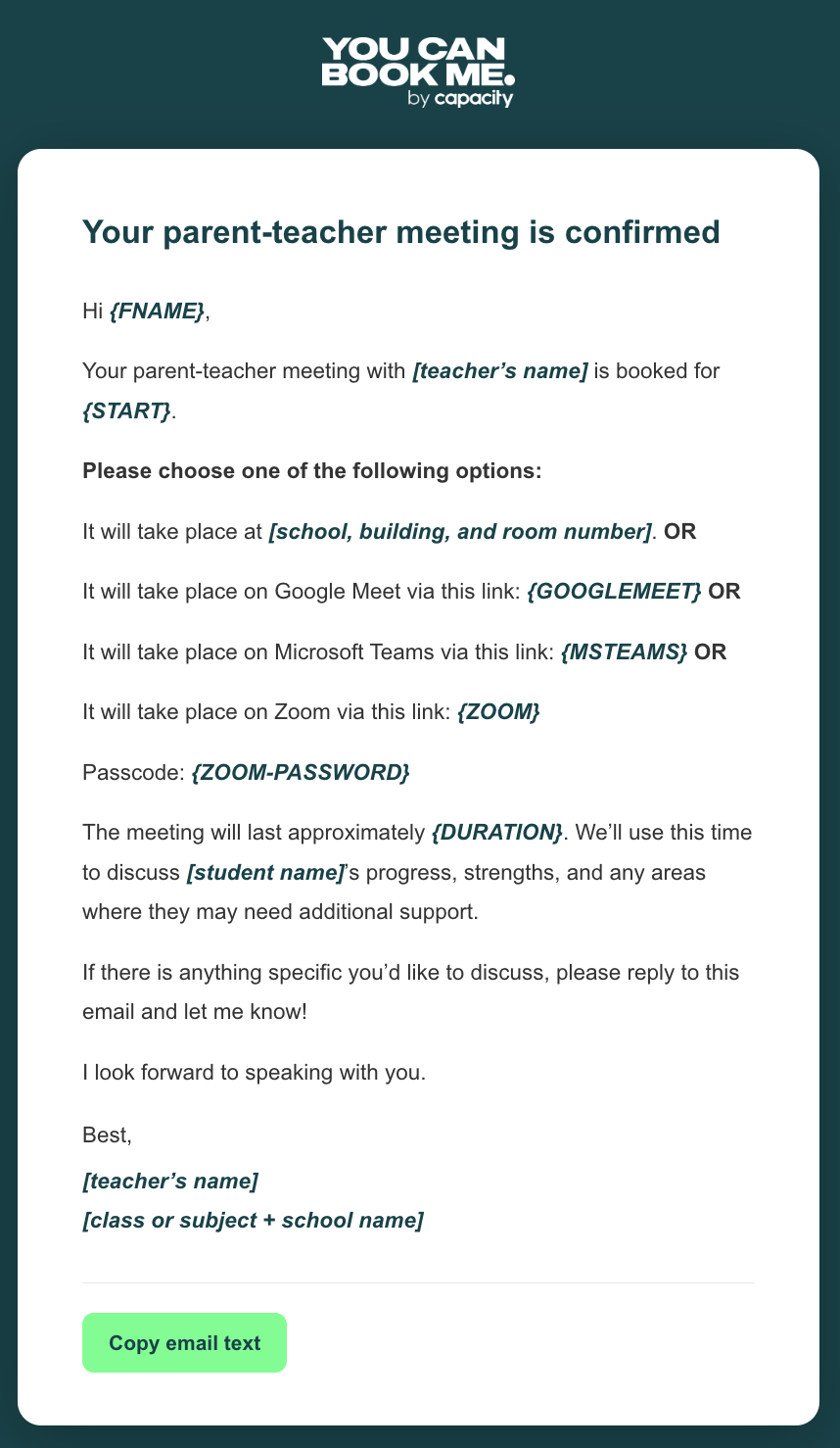Educational email template - parent-teacher conference confirmation