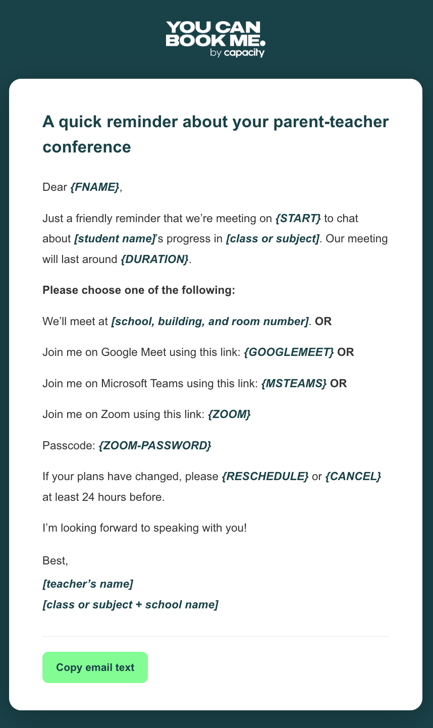Educational email template - parent-teacher conference reminder