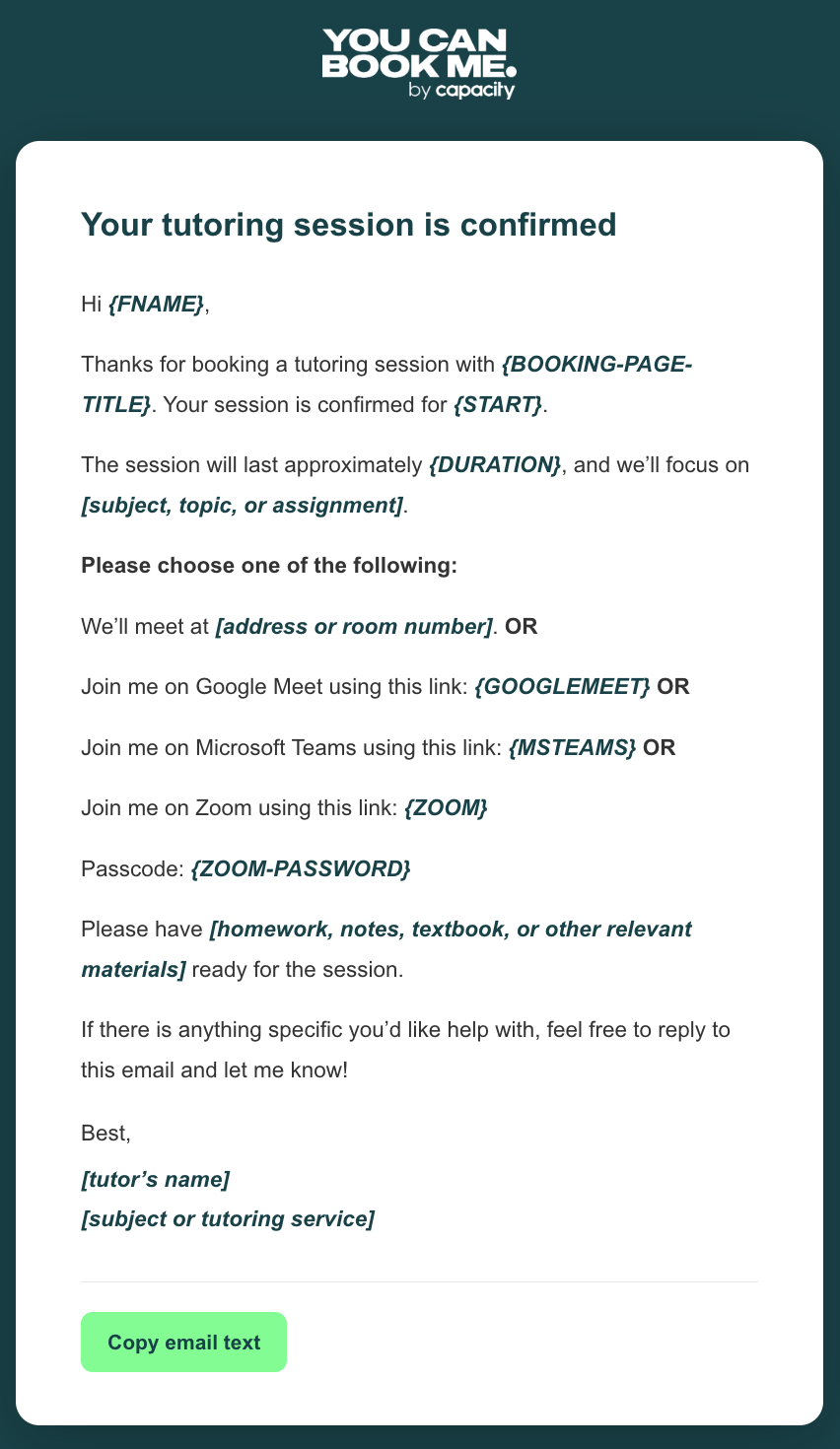 Educational email template - tutoring session confirmation