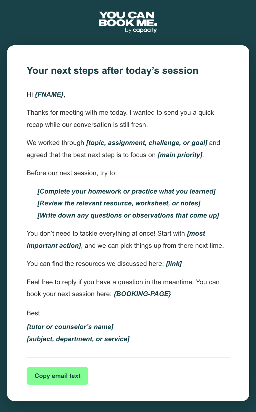 Educational email template - tutoring session follow-up