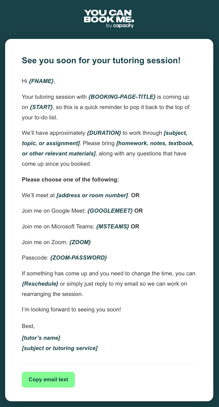 Educational email template - tutoring session reminder