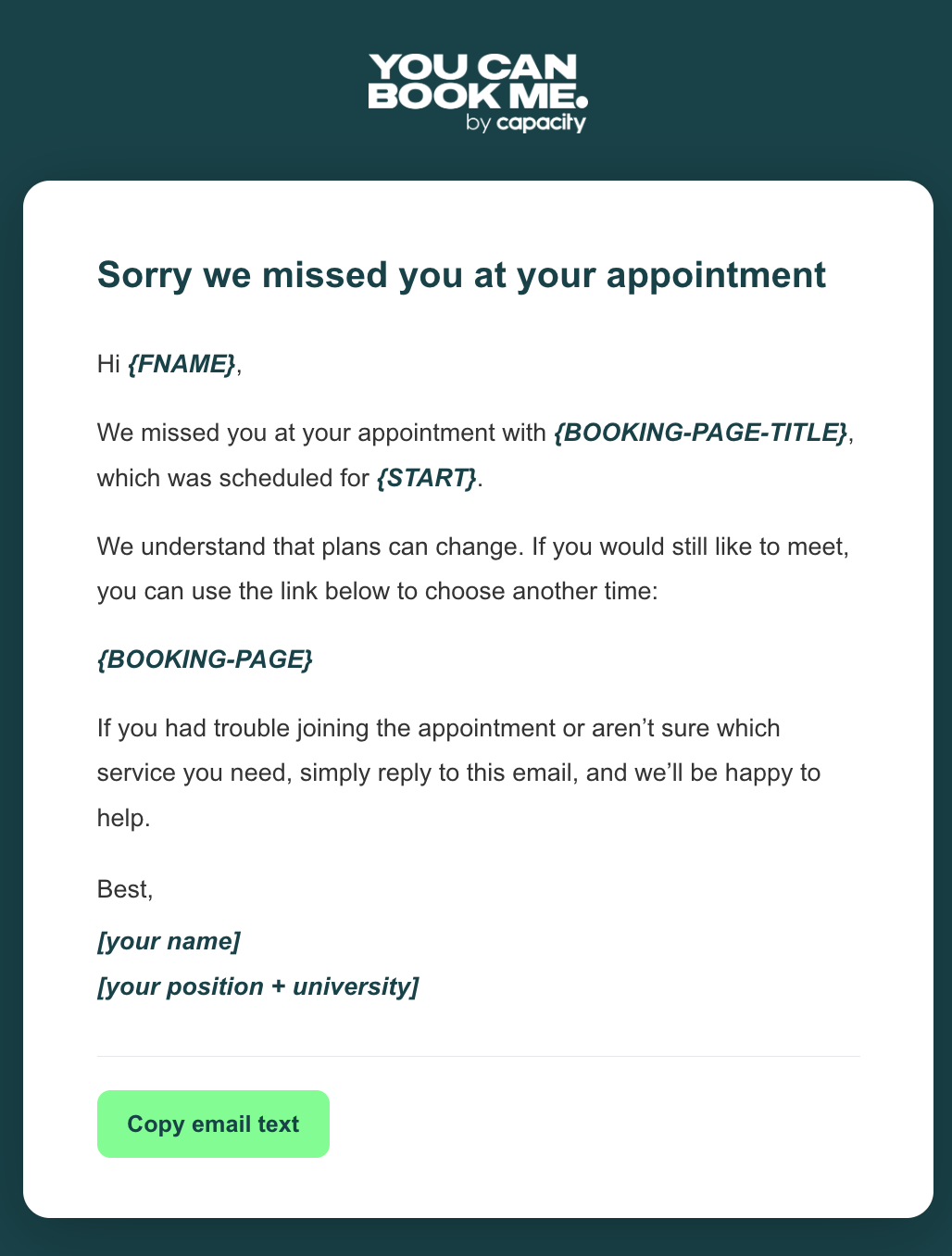 Higher education email template - no-show follow up for student advising sessions