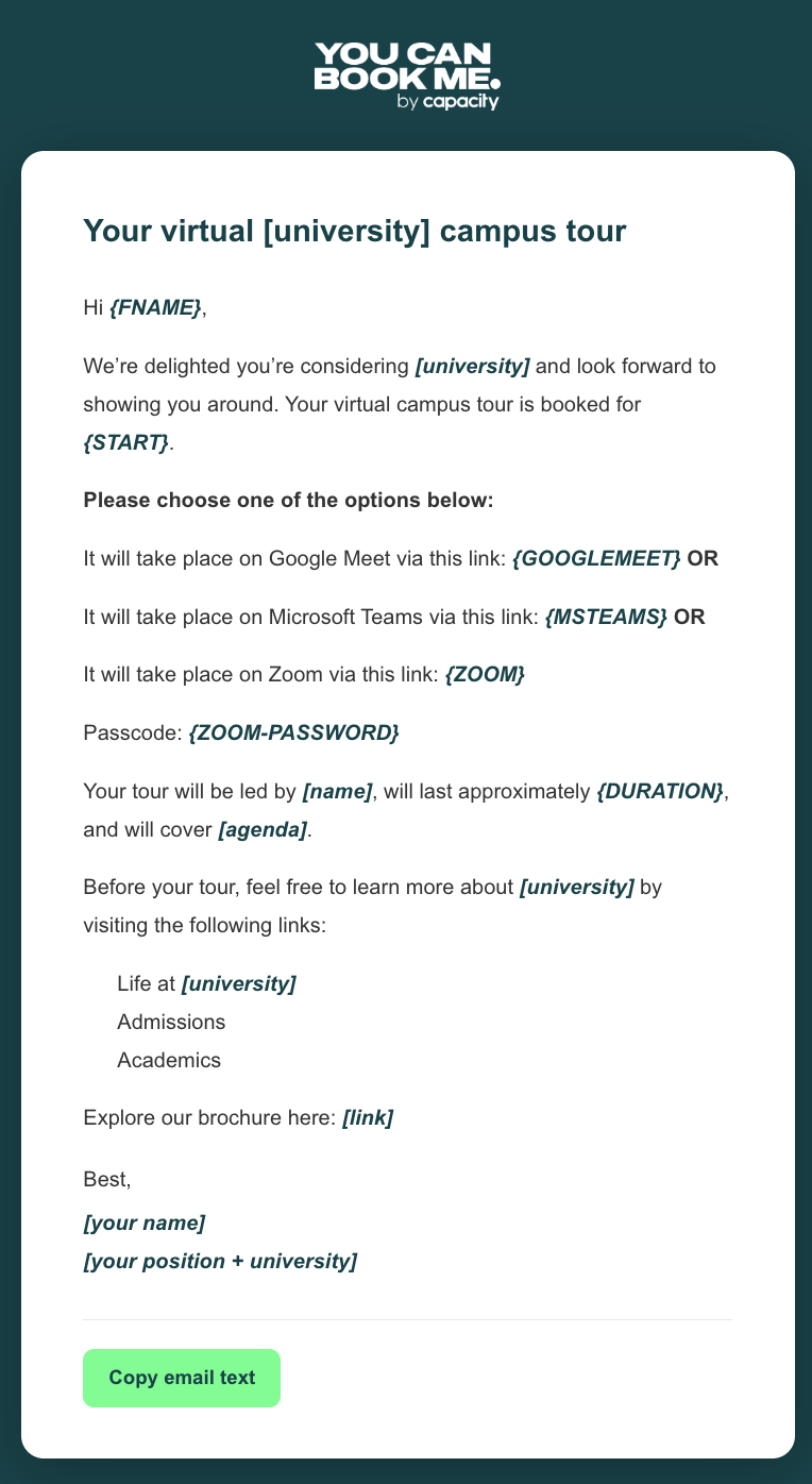 Higher education email template for admissions to confirm virtual campus tour