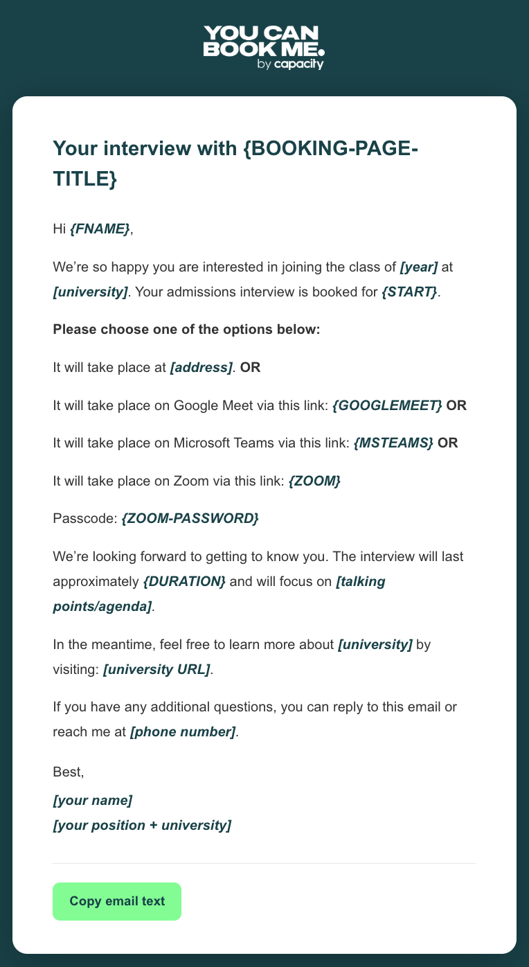 Higher education email template to confirm admissions interview
