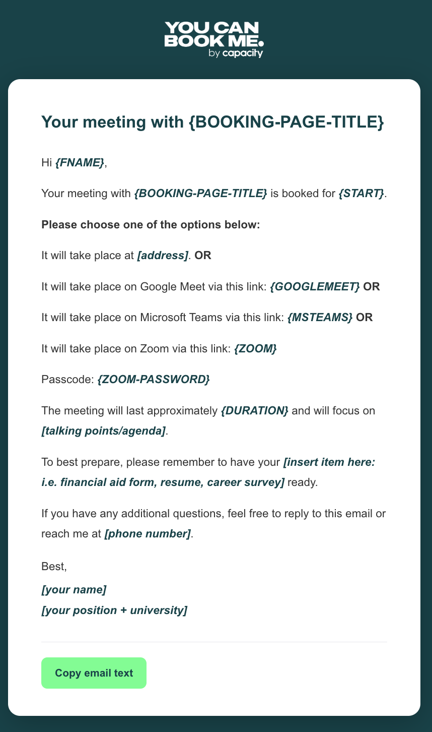Higher education email template to confirm advising and student services appointments