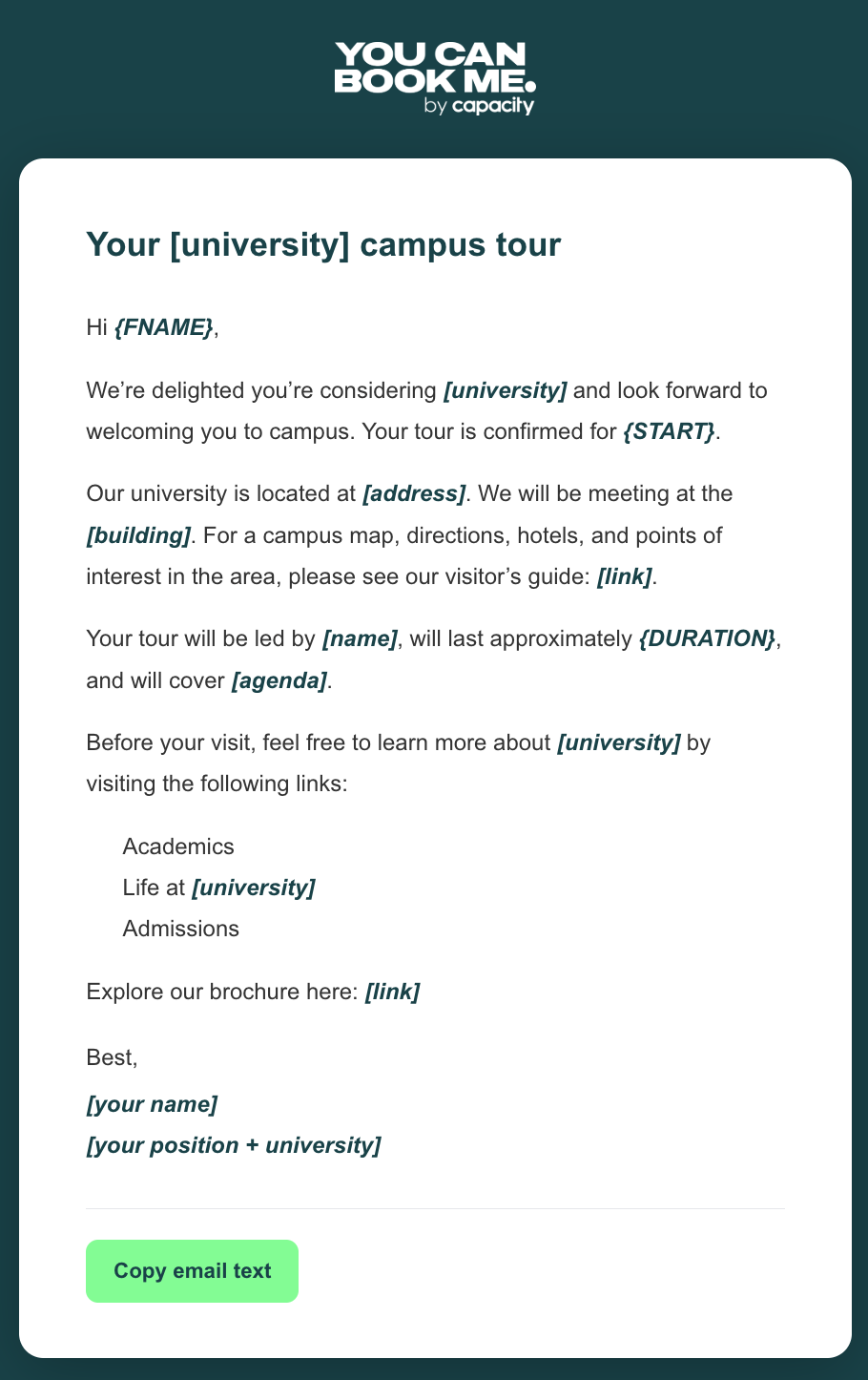 Higher education email template for admissions to confirm in-person campus tour