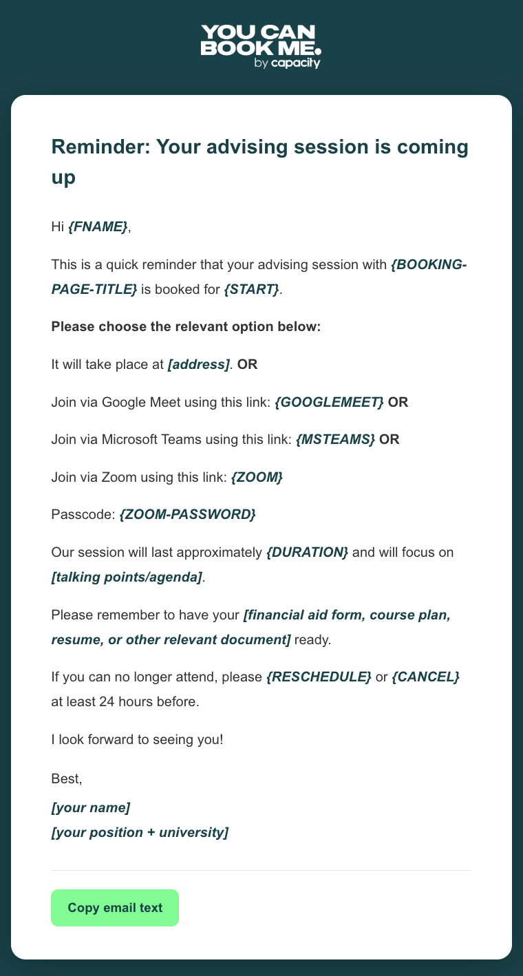 Higher education reminder email template for student advising sessions