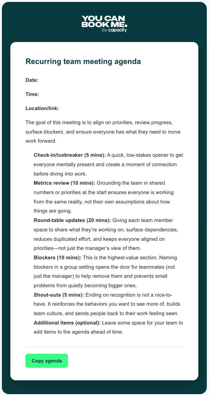 Recurring team meeting agenda