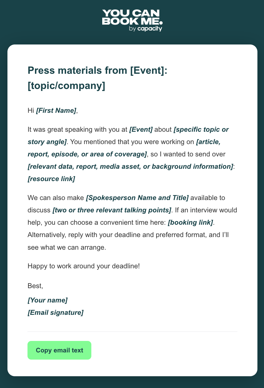 Trade show follow up email template for media and press