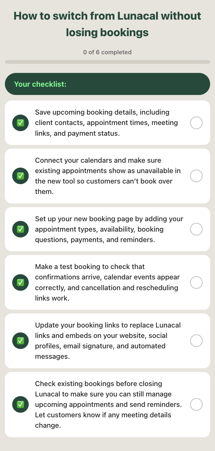 Checklist for how to switch from Lunacal