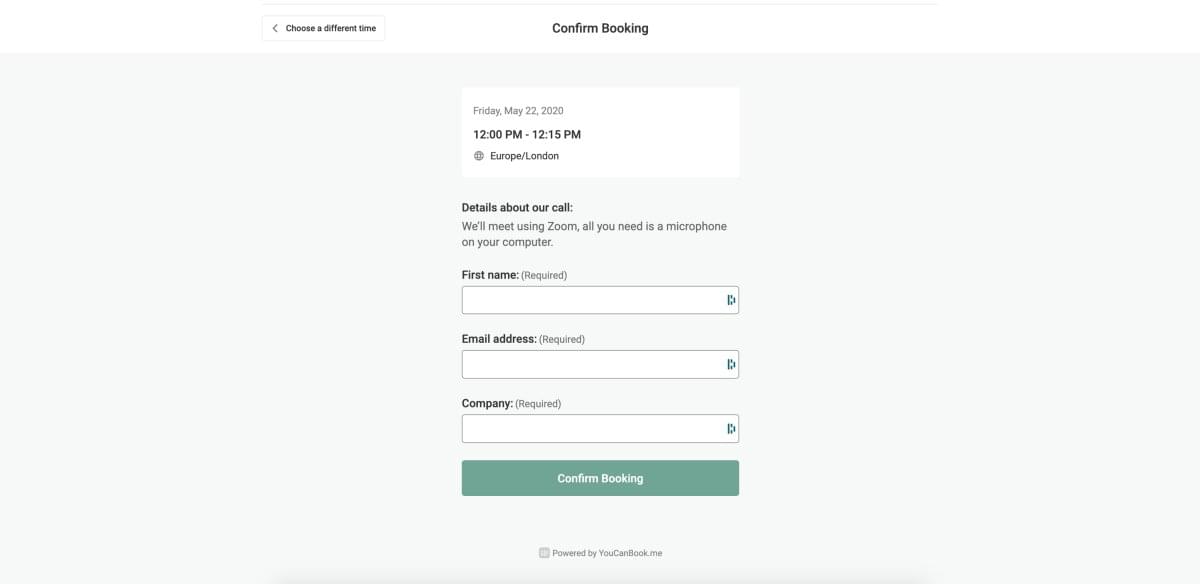 Example YouCanBook.me booking form